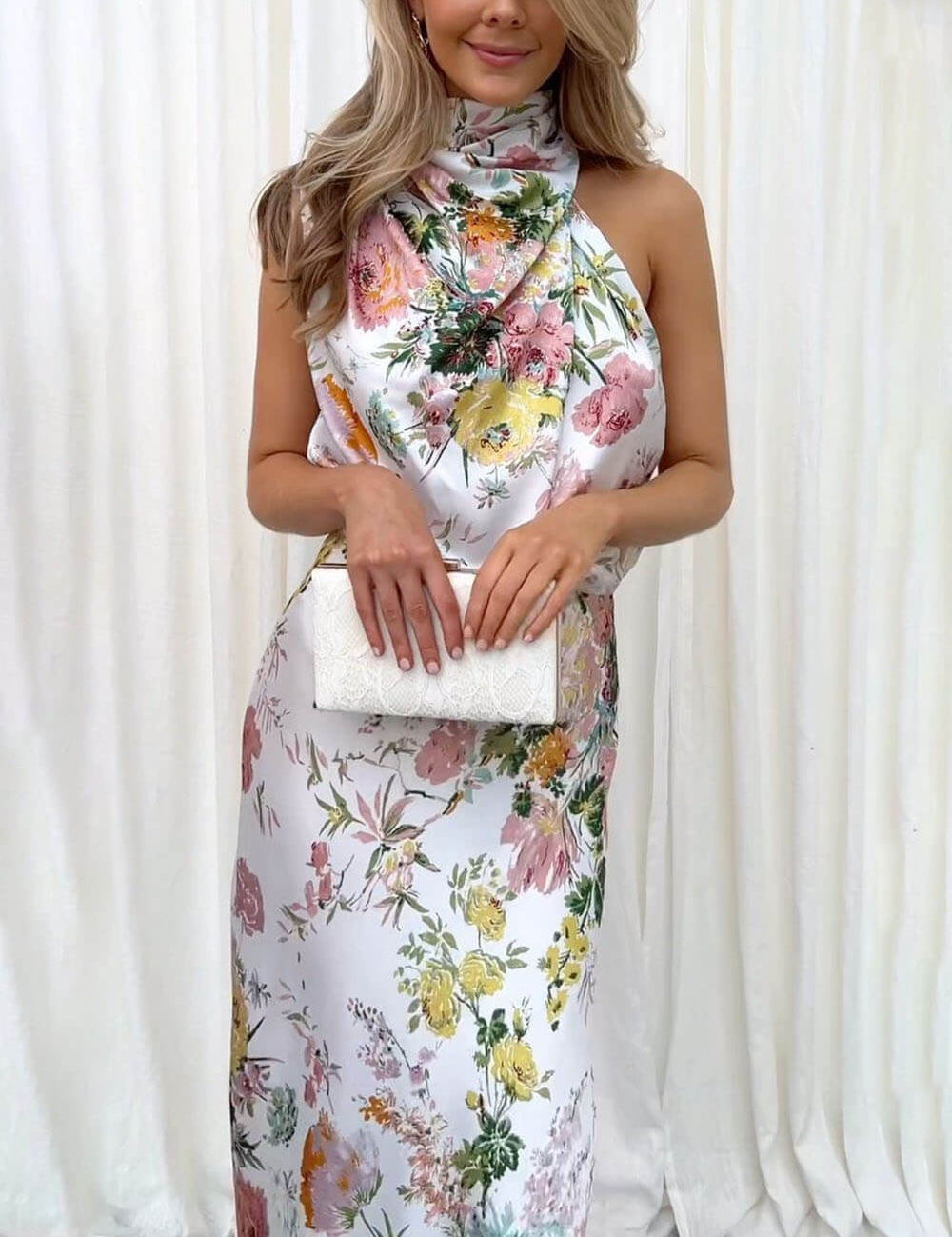 Halter Neck Floral Elastic Waist Maxi Dress White Dresses