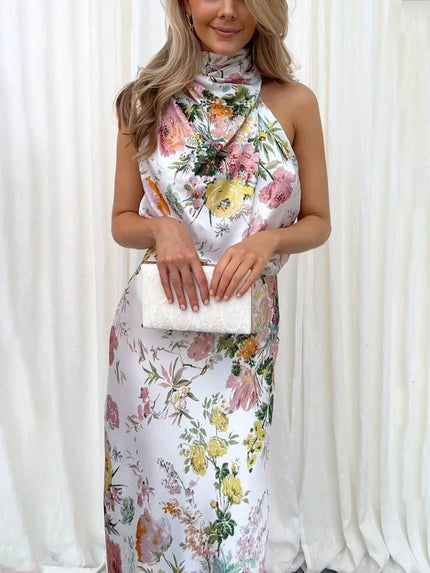 Halter Neck Floral Elastic Waist Maxi Dress White Dresses