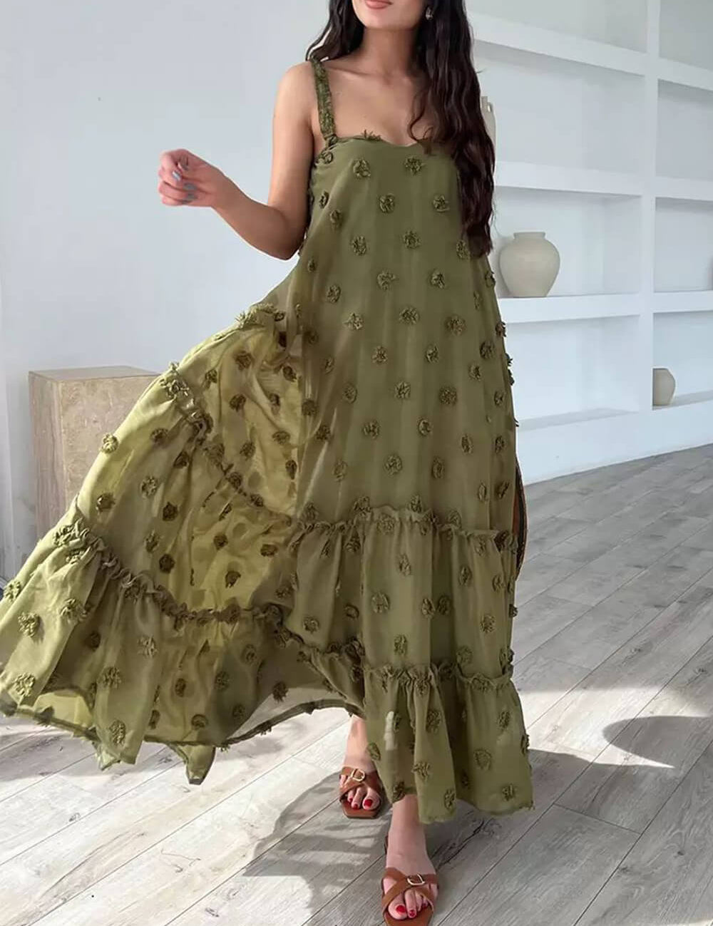 Flower Decor Pretty A-Line Layered Loose Maxi Dress Dresses