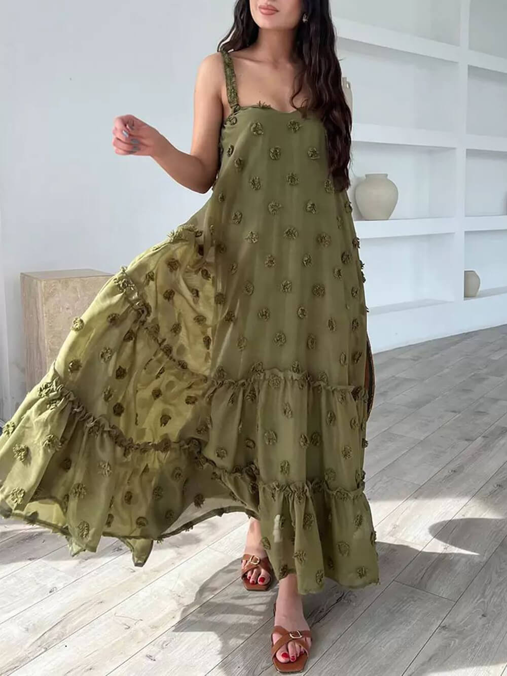 Flower Decor Pretty A-Line Layered Loose Maxi Dress Dresses