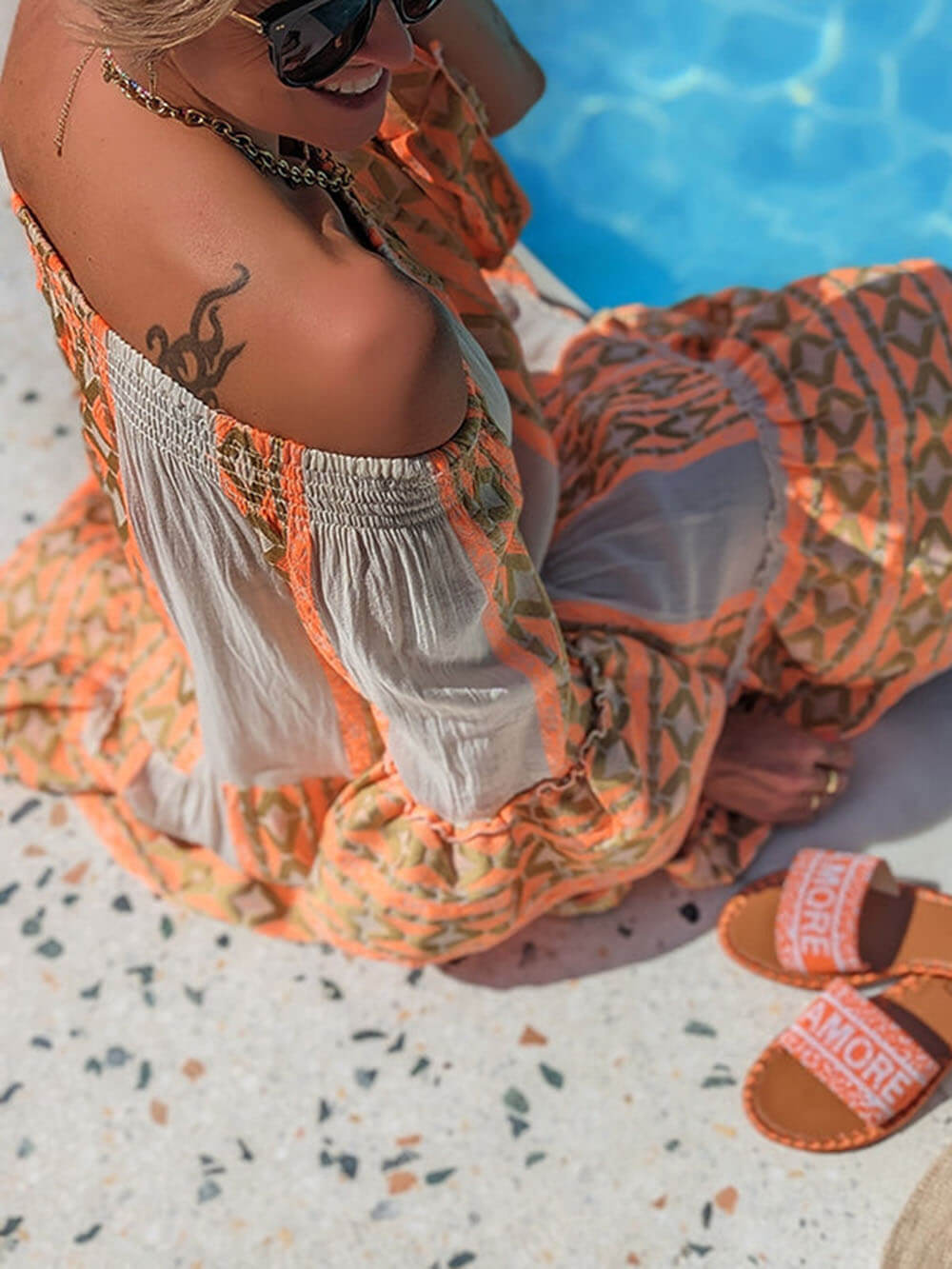 Ethnic Print Linen Blend Off Shoulder Loose Mini Dress Dresses