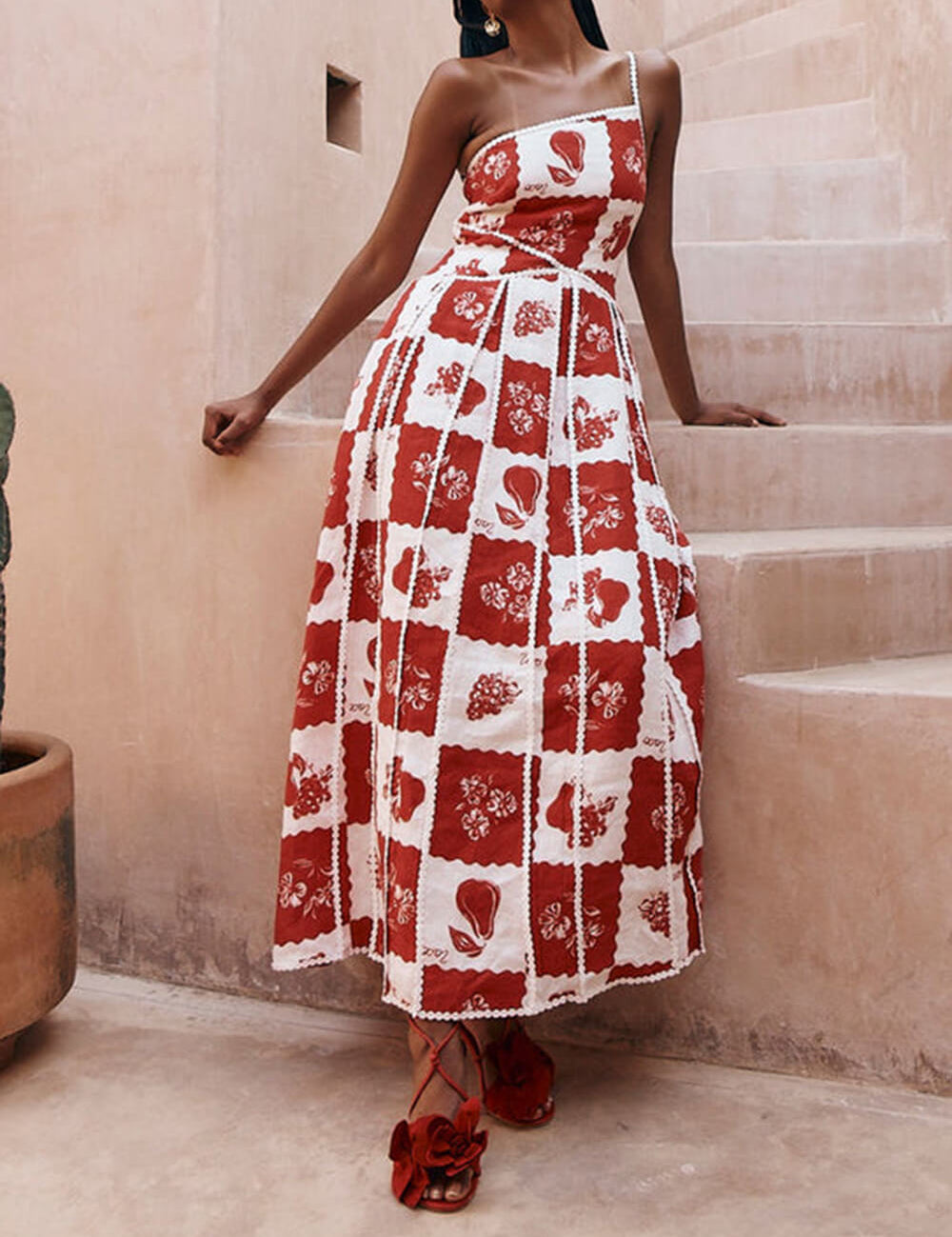 Unique Printed Floral Trim One Shoulder Flared Maxi Dress Dresses