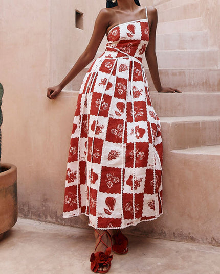 Unique Printed Floral Trim One Shoulder Flared Maxi Dress Dresses