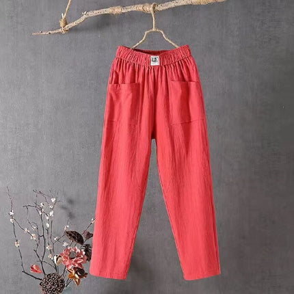 Casual Cotton Linen Trousers with Elasticated Waist Red