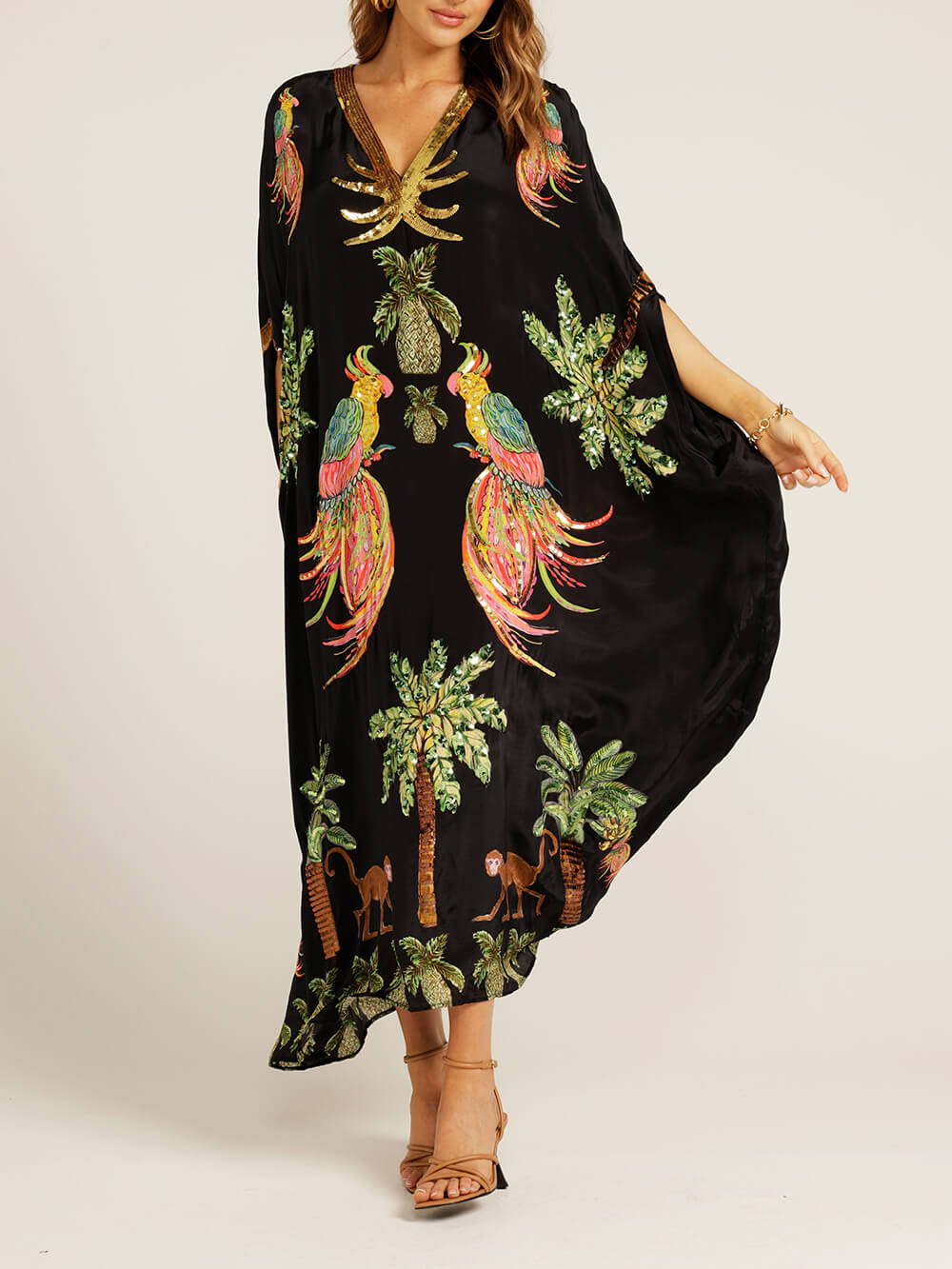 Unique Drop Shoulder Sleeve Coconut Tree Printed Dress Dresses