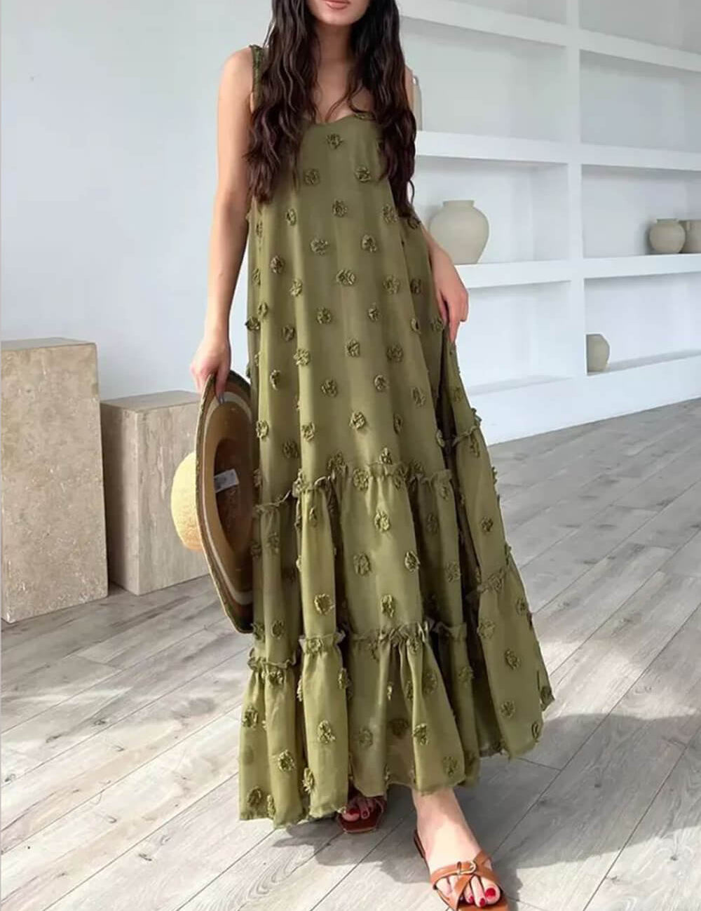 Flower Decor Pretty A-Line Layered Loose Maxi Dress Green Dresses