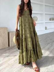 Flower Decor Pretty A-Line Layered Loose Maxi Dress Green Dresses