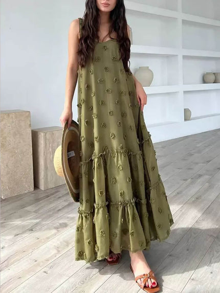 Flower Decor Pretty A-Line Layered Loose Maxi Dress Green Dresses