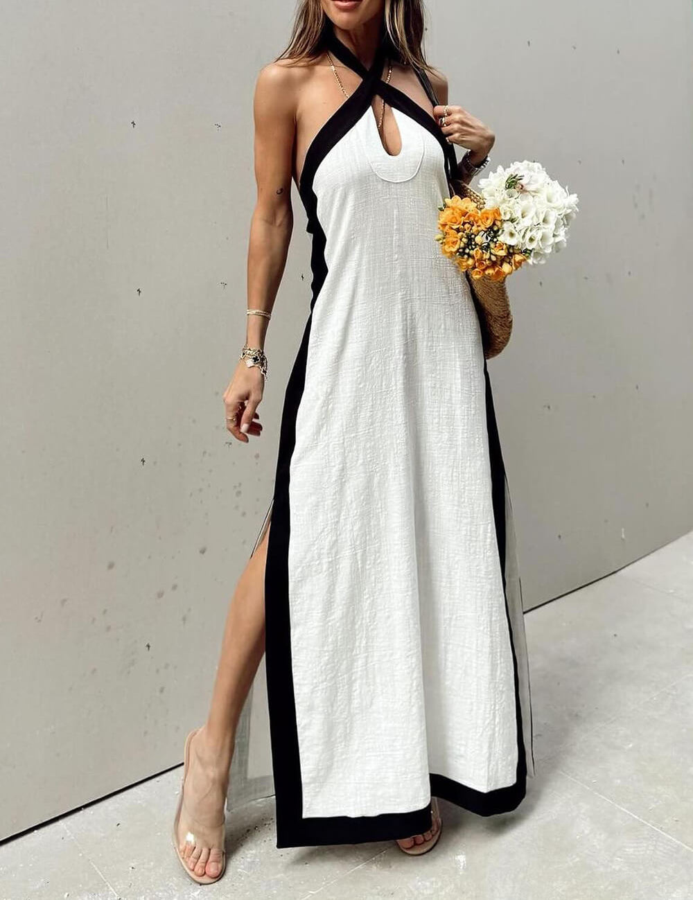 Halter Neck Slit Color Block Maxi Dress White Dresses