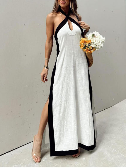 Halter Neck Slit Color Block Maxi Dress White Dresses