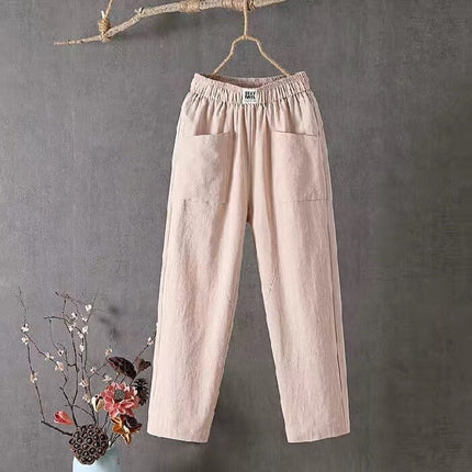 Casual Cotton Linen Trousers with Elasticated Waist Khaki
