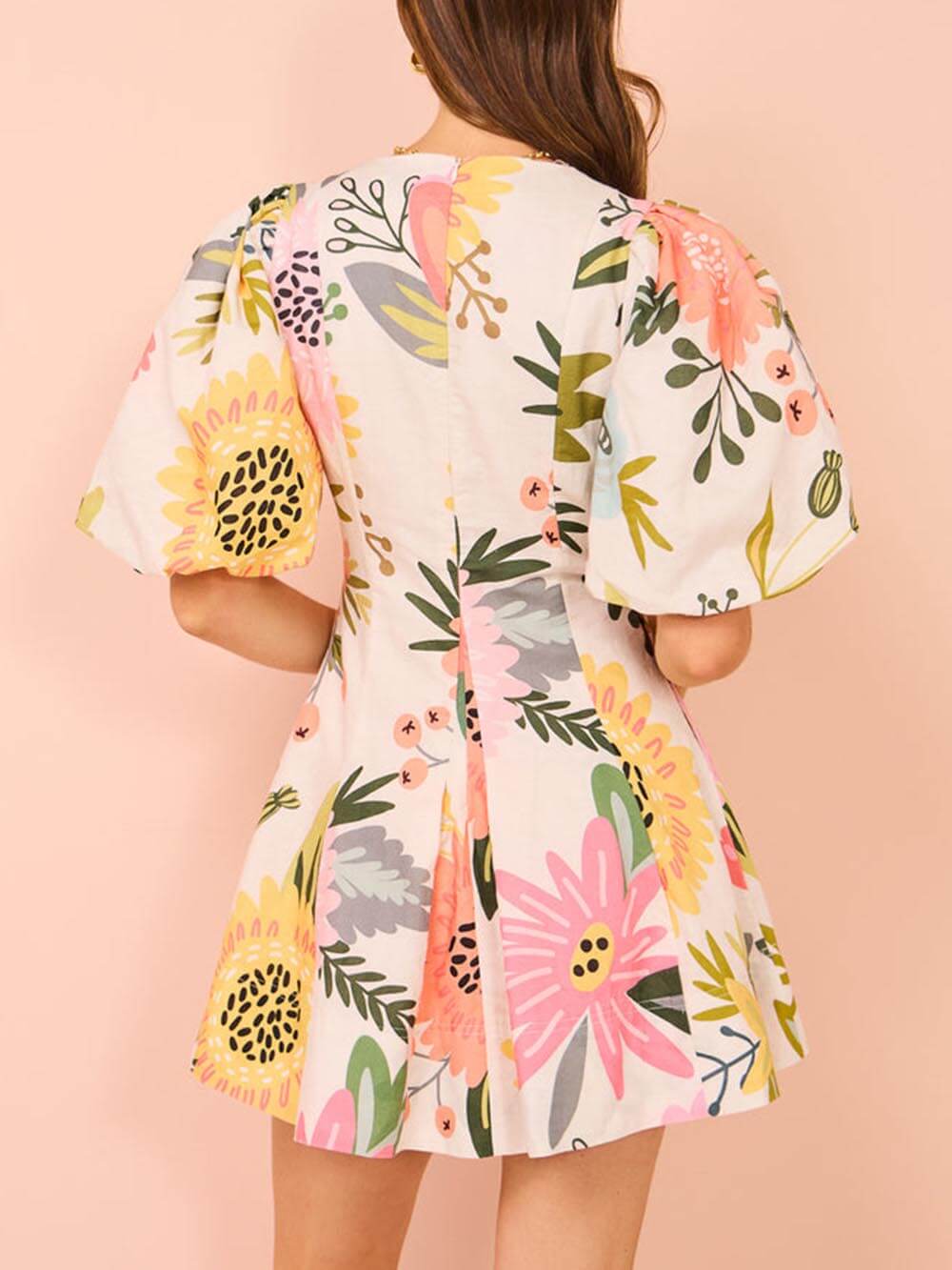 Puff Sleeve Floral Print Pocketed Mini Dress Dresses