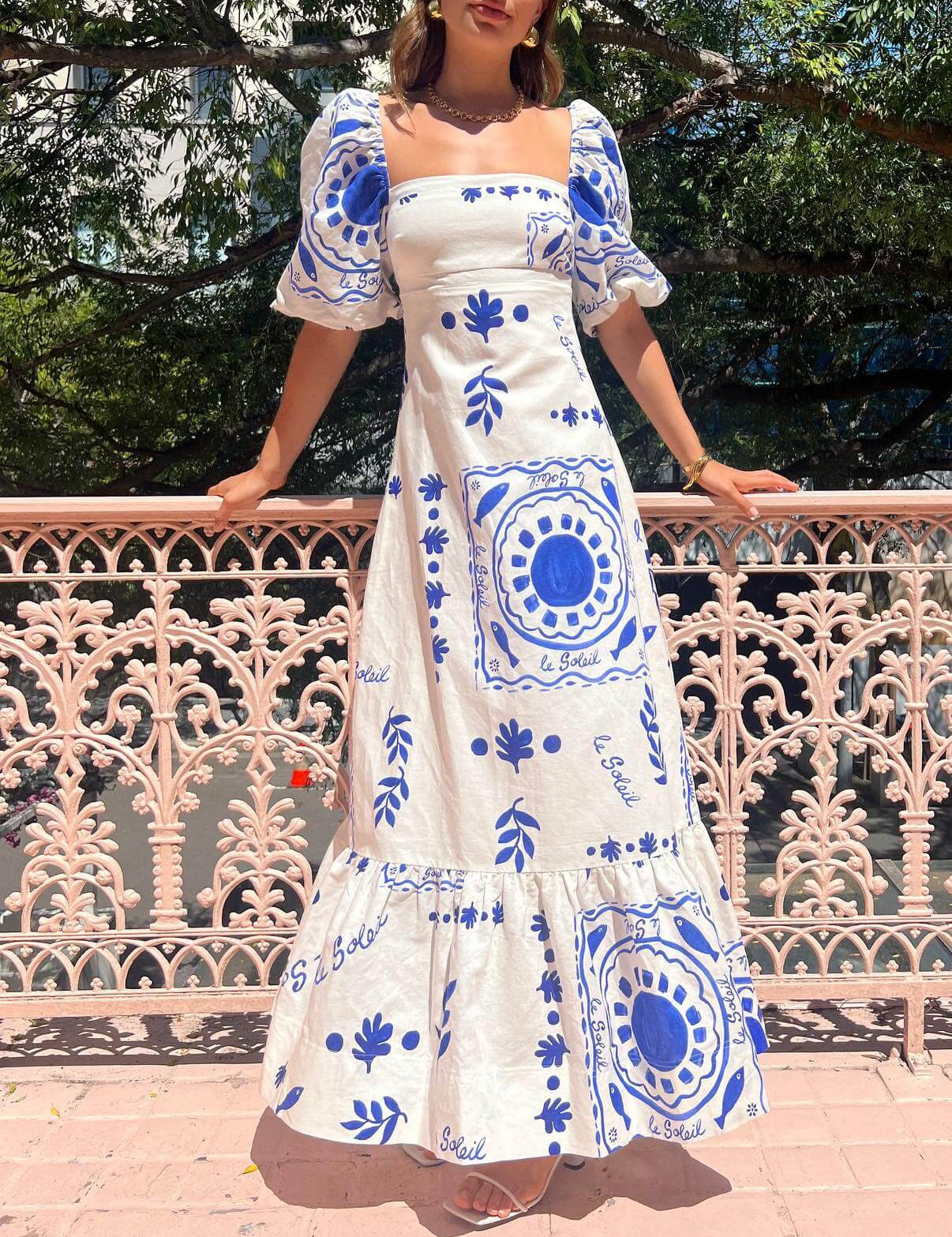 Puff Sleeve Vacation Midi Dress White Dresses