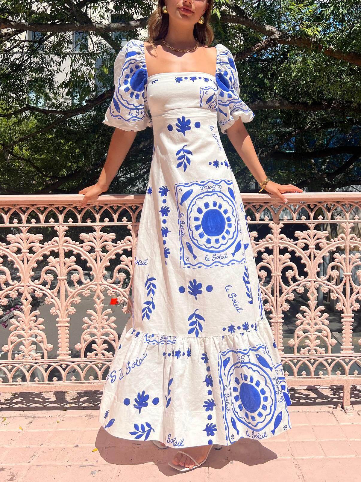 Puff Sleeve Vacation Midi Dress White Dresses