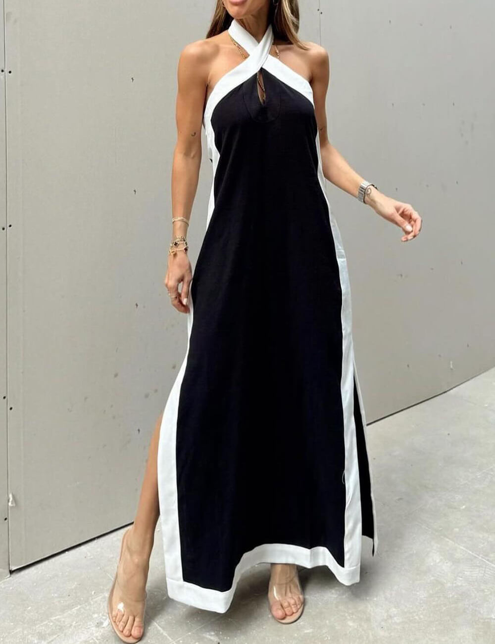 Halter Neck Slit Color Block Maxi Dress Black Dresses