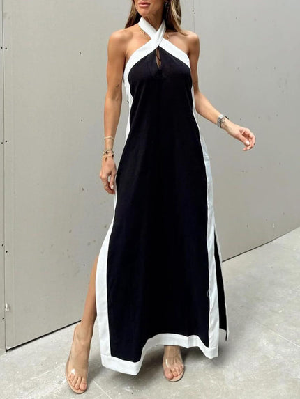 Halter Neck Slit Color Block Maxi Dress Black Dresses