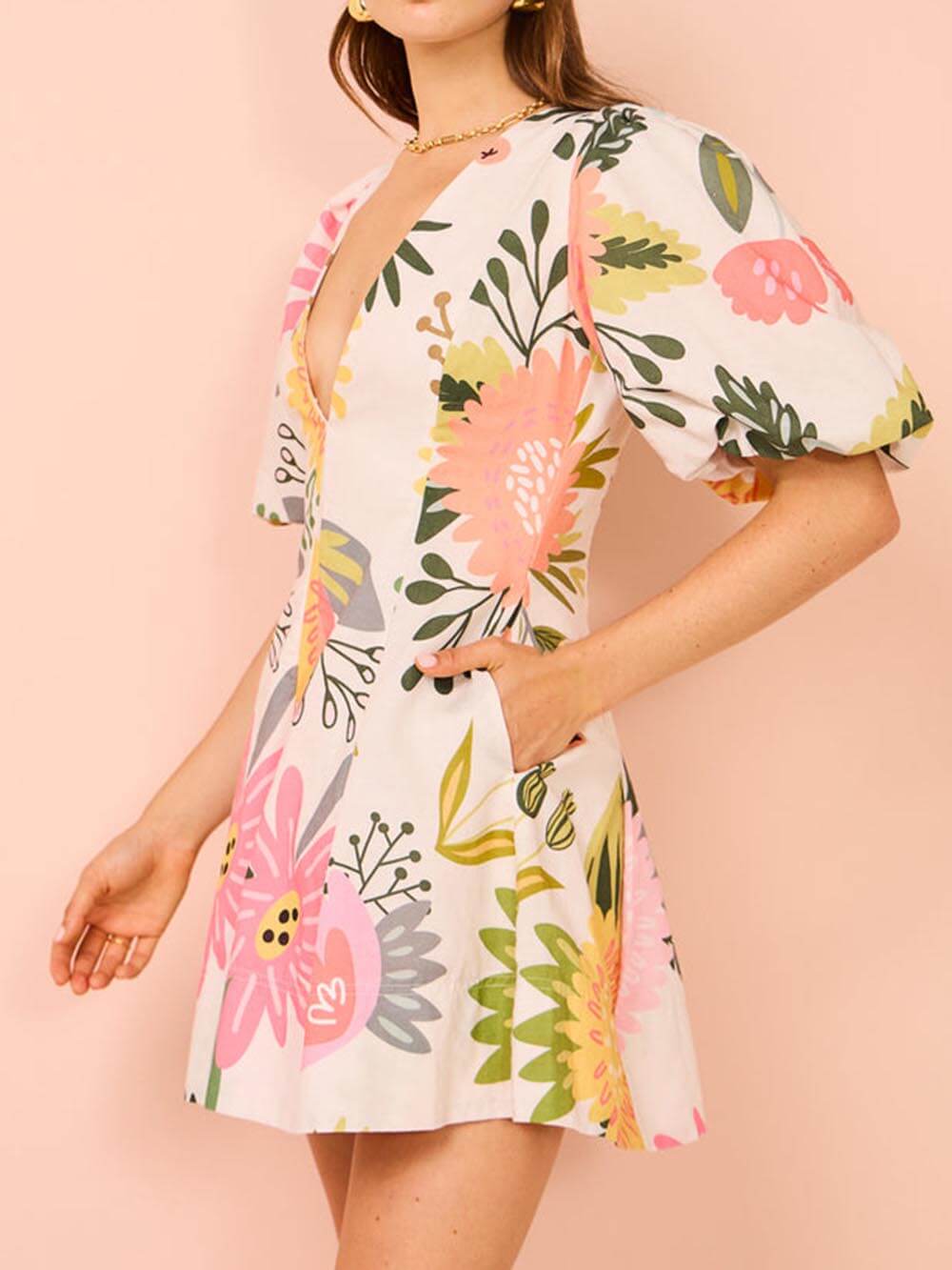 Puff Sleeve Floral Print Pocketed Mini Dress Dresses