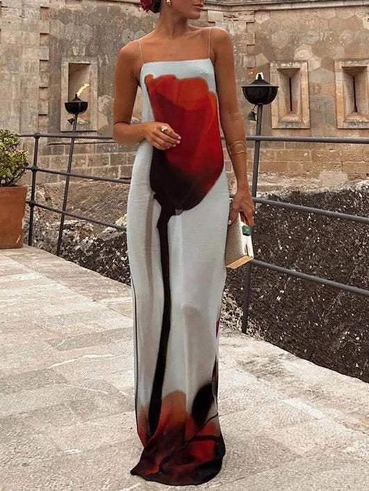 Abstract Tulip Print Vacation Slip H-Line Maxi Dress Light Blue Dresses