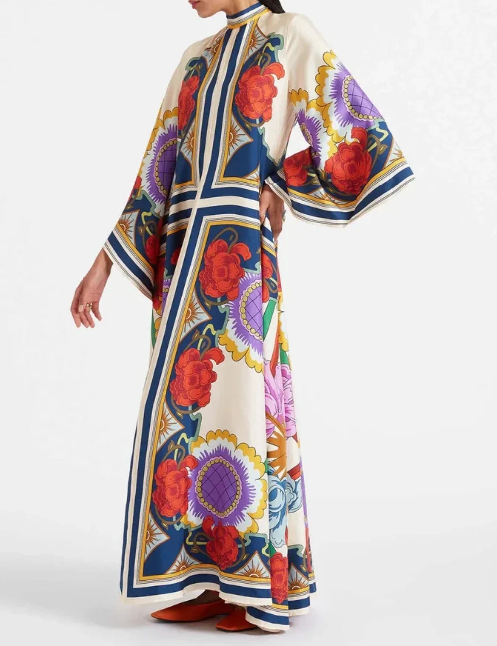 Exquisite Floral Print Draped Waterfall Sleeves Maxi Dress Red Dresses