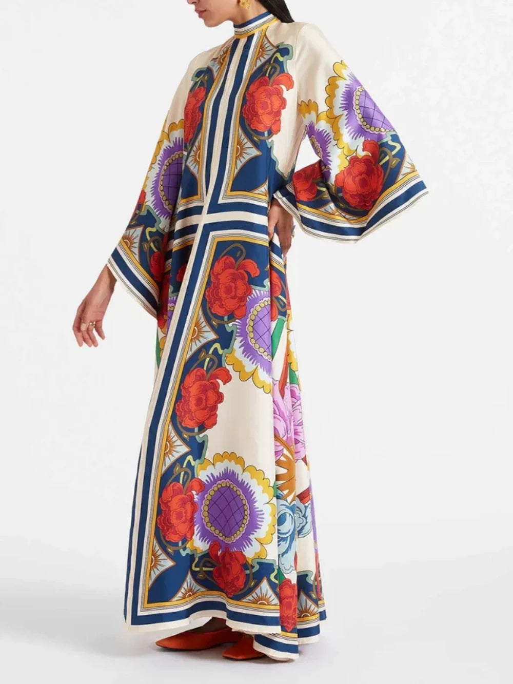 Exquisite Floral Print Draped Waterfall Sleeves Maxi Dress Red Dresses
