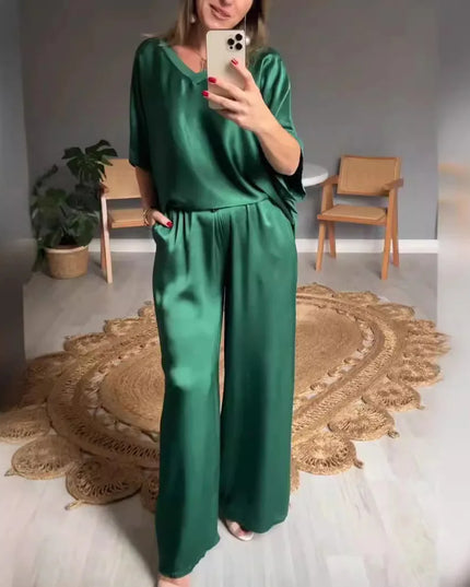 Summer Short-sleeved T-shirt Two-piece Set For Women Green Outfit Sets