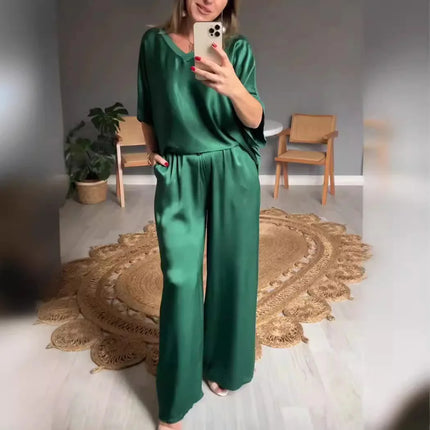 Summer Short-sleeved T-shirt Two-piece Set For Women Green Outfit Sets