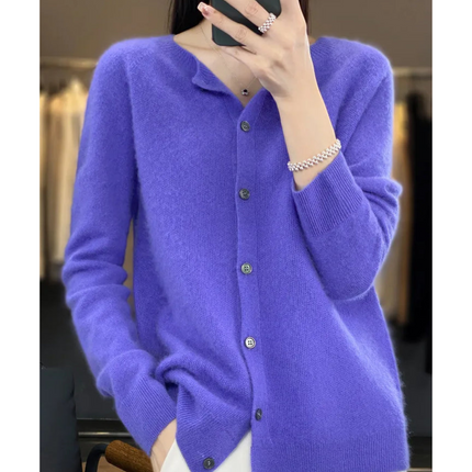 Pure Wool Ladies O-neck Cardigan Cashmere Sweater Dark blue Sweater