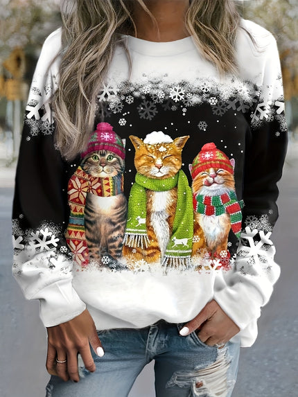 Cat Print Winter Sweatshirt Black Women Winter Sweaters
