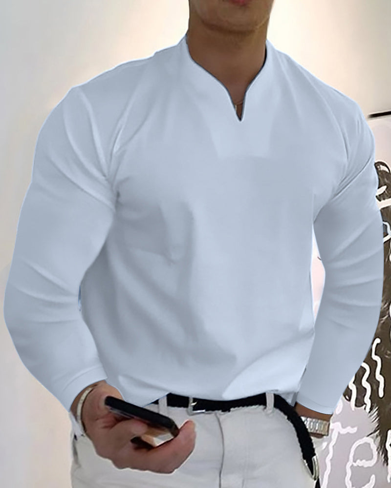 Men's Stylish Long-Sleeve V-Neck T-Shirt White T-Shirts