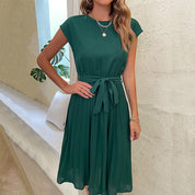 Women's Summer Pleated Short Sleeve Dress with Waist Tie Blackish green Dresses
