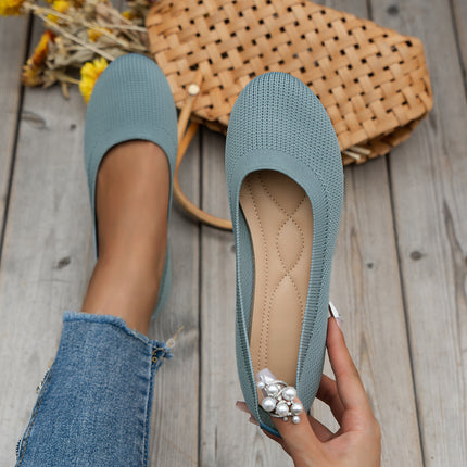 Women's Round Toe Knit Mesh Slip-On Flats Light Blue Sandals