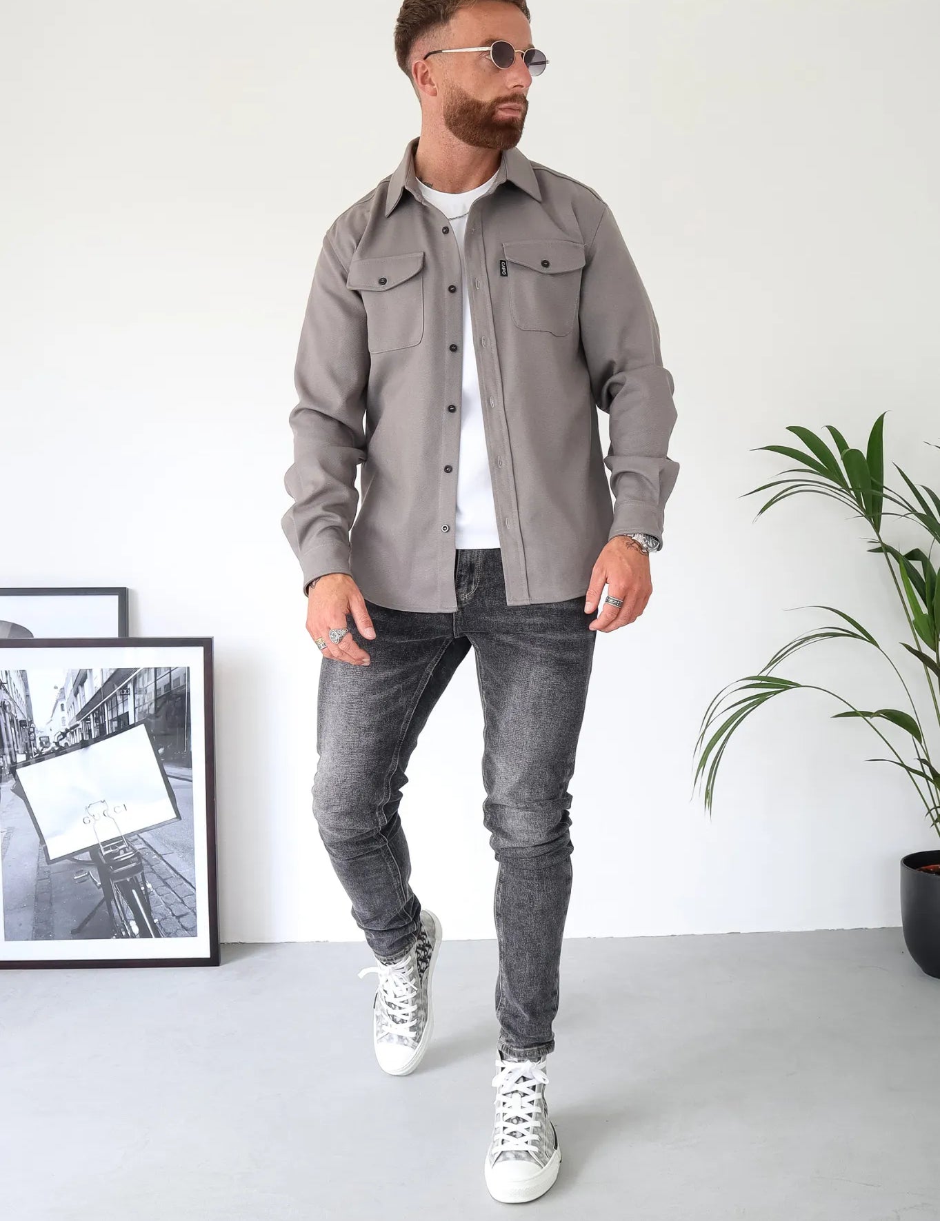 Men's Casual Button-Up Shirt Jacket with Front Pockets Gray Men Shirts