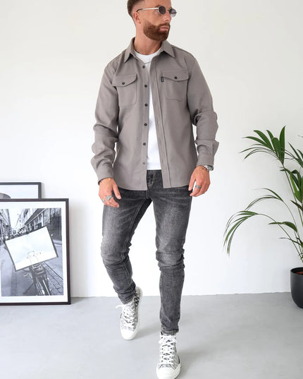 Men's Casual Button-Up Shirt Jacket with Front Pockets Gray Men Shirts