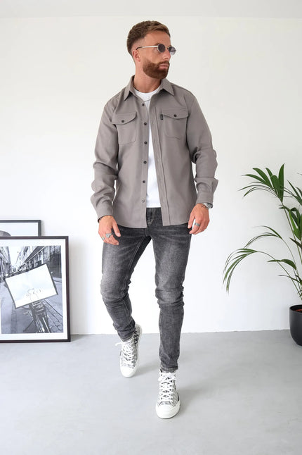 Men's Casual Button-Up Shirt Jacket with Front Pockets Gray Men Shirts