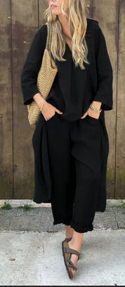 Women's 2-Piece V-Neck Long Sleeve Top & High-Waist Wide-Leg Pants Set with Pockets Black set
