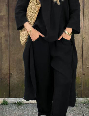 Women's 2-Piece V-Neck Long Sleeve Top & High-Waist Wide-Leg Pants Set with Pockets Black set