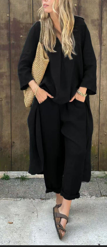 Women's 2-Piece V-Neck Long Sleeve Top & High-Waist Wide-Leg Pants Set with Pockets Black set