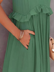 Ruffled Sleeveless Tiered Maxi Dress with Pockets
