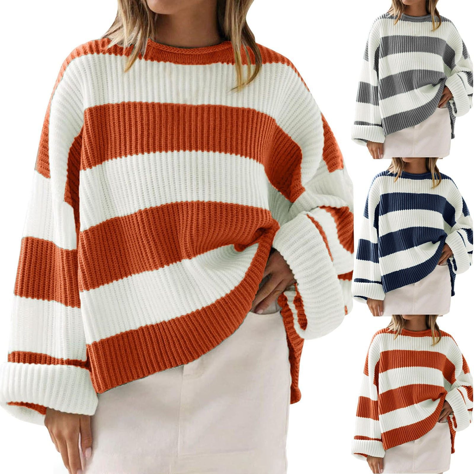 Striped Batwing Sleeve Knit Pullover Woman, Sweaters