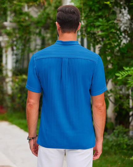 Men's Summer Stand Collar Button Short Sleeve Polo Shirt – Solid Color Striped Casual Beachwear Polo Shirts