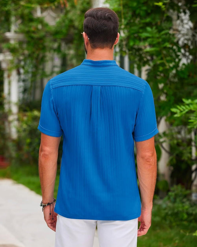 Men's Summer Stand Collar Button Short Sleeve Polo Shirt – Solid Color Striped Casual Beachwear Polo Shirts