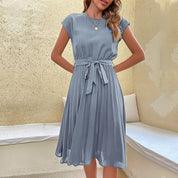 Women's Summer Pleated Short Sleeve Dress with Waist Tie Light blue Dresses