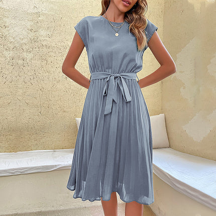 Women's Summer Pleated Short Sleeve Dress with Waist Tie Light blue Dresses