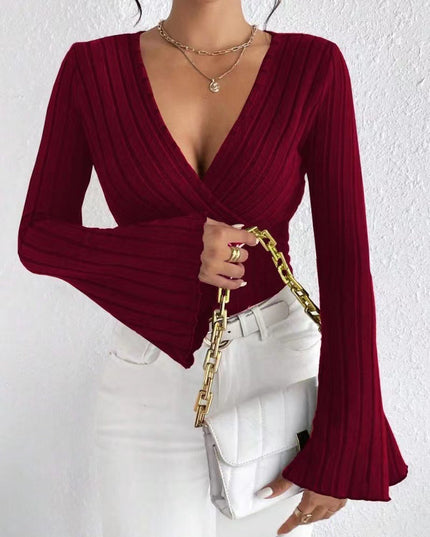 Women’s Ribbed Stripe V‑Neck Slim Fit Long-Sleeve Top Wine Red Sweaters