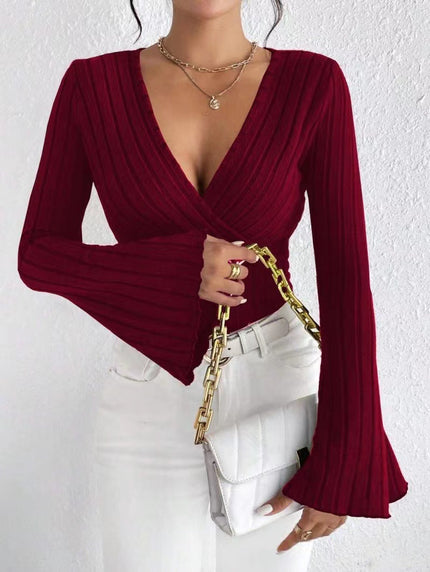 Women’s Ribbed Stripe V‑Neck Slim Fit Long-Sleeve Top Wine Red Sweaters