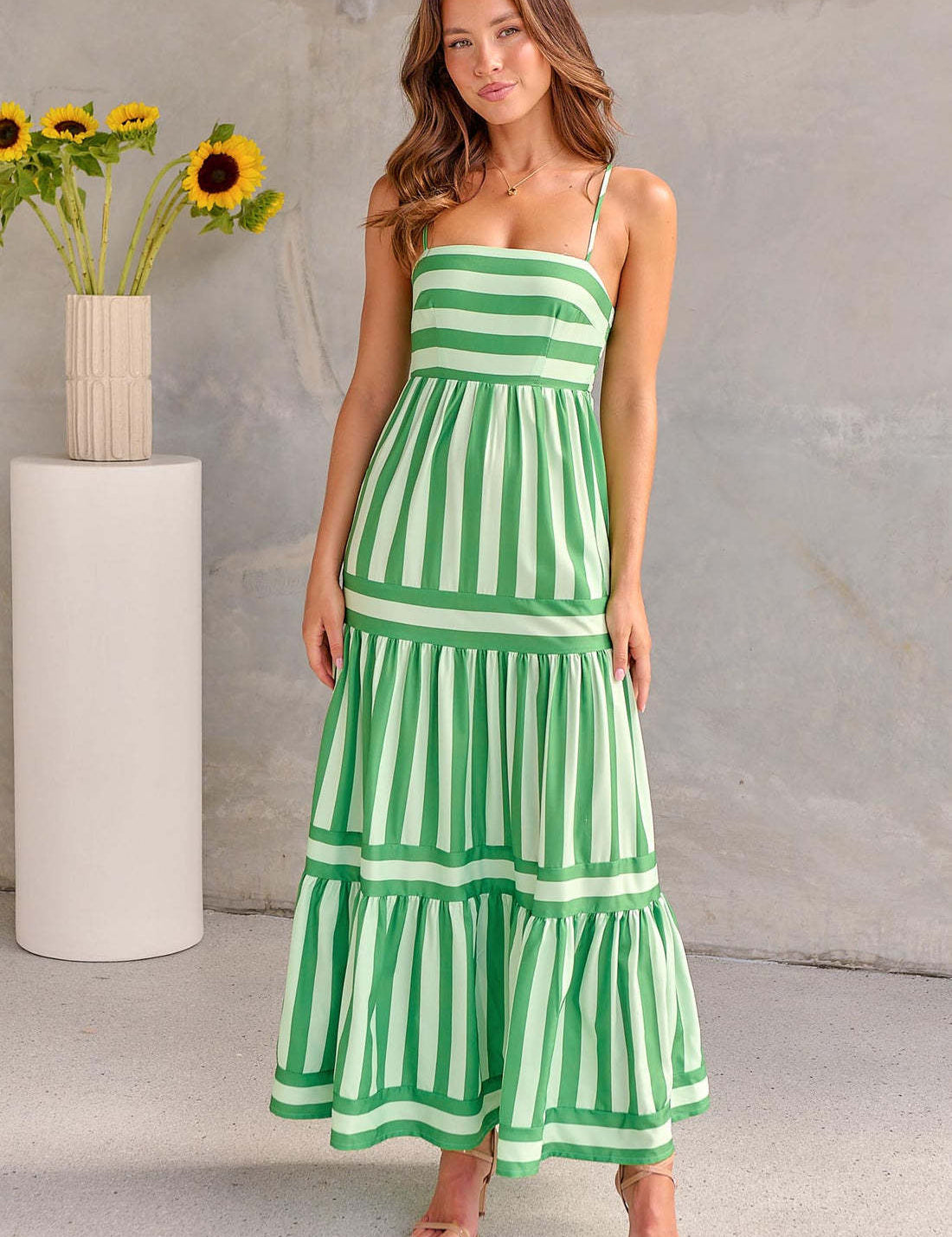 Women's Striped Suspender Maxi Dress Green Dress