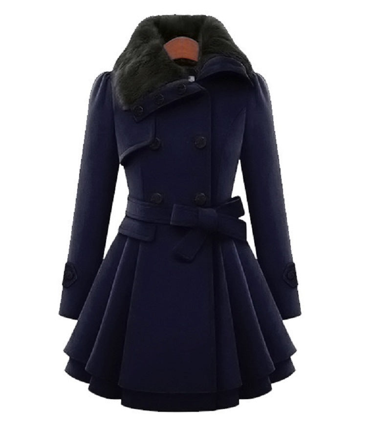 Slim Belted Woolen Mid‑Length Coat – Chic & Warm Navy Blue Woolen Coat
