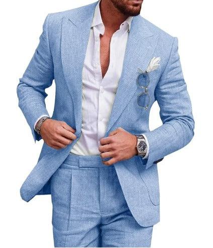 Men’s Linen Suit Slim Fit 2-Piece Set – Lightweight Blazer & Pants for Summer Blue Men's suit