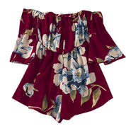 Off-Shoulder Floral Print Jumpsuit with Tie Flare Sleeves Jumpsuit