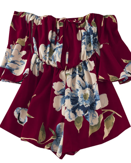 Off-Shoulder Floral Print Jumpsuit with Tie Flare Sleeves Jumpsuit